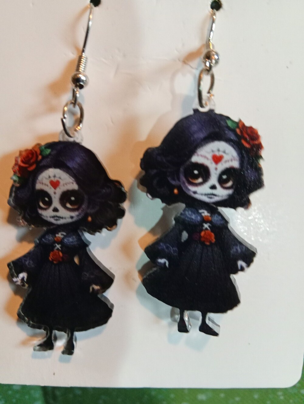 Day of the Dead Sugar Skull Girl Black Dangle Earrings
